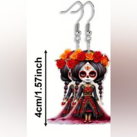 Handcrafted Day of the Dead Whimsigoth Earrings-(#1,047) - Picture 2 of 3